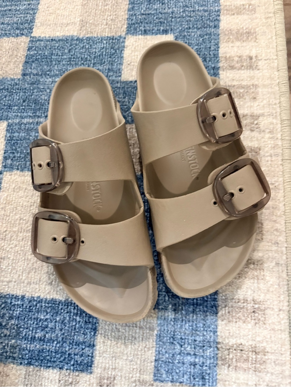 Birkenstock Womens, rubber, Two-Buckle Slide Sandals in Taupe, size 37